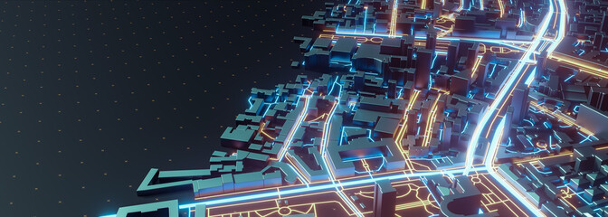 Abstract 3d render of techno panorama landscape city. Urban and futuristic visual technology concepts