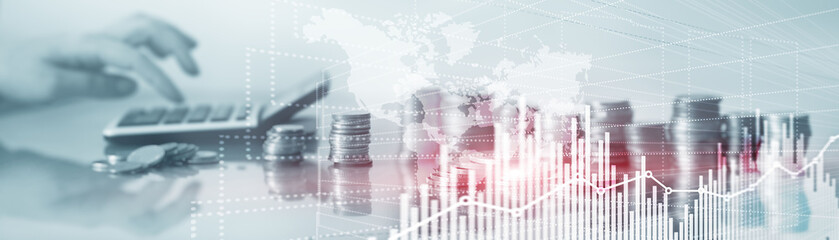 Future Financial Technology Interface. Graph Stock Market chart. World map on virtual screen. Website Banner.