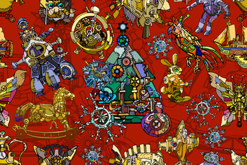 Abstract Christmas and New Year vector seamless pattern featuring fantasy abstract Christmas tree toys in vintage steam-punk style. Hand drawn.  