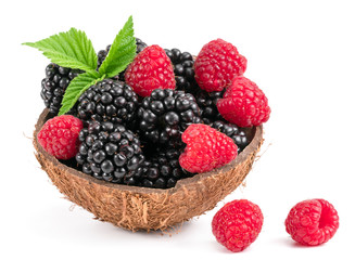 blueberries and blackberries on a white background