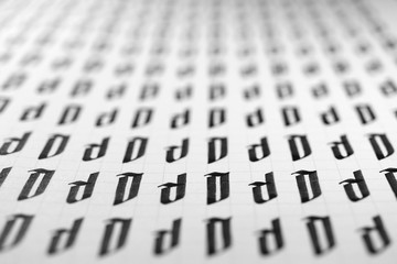 Calligraphy black and white letters D background. Lettering practice writing worksheet. Handwriting...
