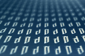Calligraphic white on dark blue letter D learning skills paper page. Calligraphy letters D...