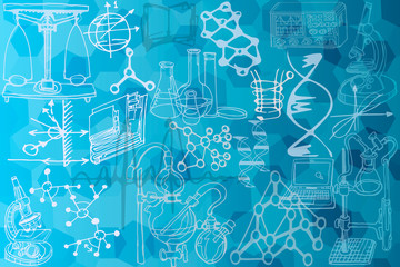 Vector pattern featuring line art sketch elements related to science or education. Physics medicine, or chemistry abstract background with parts of decorative lab tools and equipment. Hand drawn.