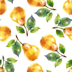 Watercolor seamless pattern with yellow pears