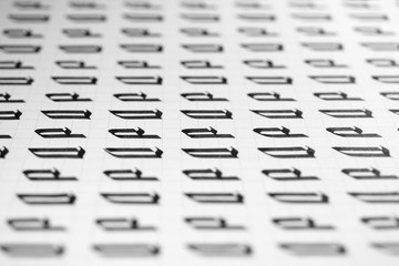 Calligraphy black and white letters D background. Lettering practice writing worksheet. Handwriting...