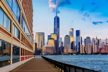 Lower Manhattan panorama at evening taken from Paulus Hook Pier in Jersey City