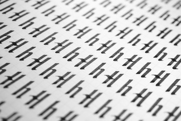 Handwriting black and white symbol filling pattern. Calligraphic letter H learning skills paper...