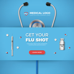Get Your Flu shot healthcare banner with syringe, logo and flat icons on blue background. Excellent for medicine, health, cross and decoration for poster, social media, posts, web, cover.  © EGerman
