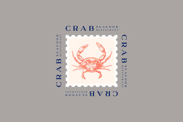 Logo template with an image of a crab drawn by graphic lines on a light background. Retro emblem for the menu of fish restaurants, markets and shops. Vector vintage engraving illustration. © KOSIM