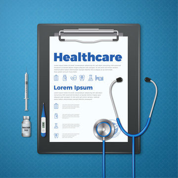 Medical clipboard and paper with and doctor stamp, stethoscope, syringe and injection ampule. Excellent for medicine, health, healthcare, cross, poster, social media, posts, web, cover. 