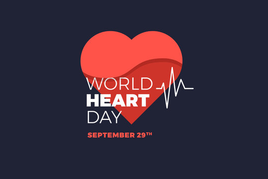 Emblem of World Heart Day with image of red heart on dark background. Medical sign on 29th of September. Vector illustration.