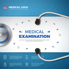 Healthcare banner with medical logo and flat icons on blue background. Excellent for medicine, health, cross and decoration for poster, social media posts, web, cover. Vector illustration