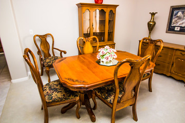 Dining Room Wooden Table, Chairs And Buffet Cabinet