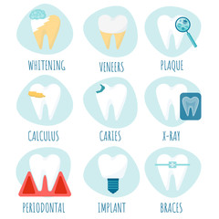 Fototapeta na wymiar Cartoon vector set with teeth. Various problems with teeth. Caries, tartar, plaque, periodontal disease. Dental implant and veneers.