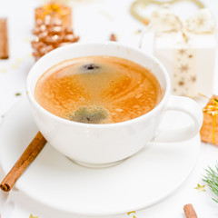coffee on christmas table with christmas decorations