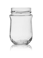 Open empty glass jar isolated on white background with reflection