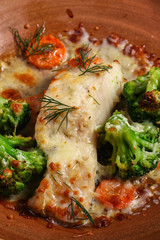 fish with broccoli (a delicious fish dish, baked main course) menu concept. food background. copy space. Top view