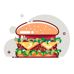 Big hamburger with tomato paste, cheese, beef cutlet and salad. Flat cartoon style. Isolated fast food icon for poster, web design, banner, logo or badge. Colorful vector illustration.