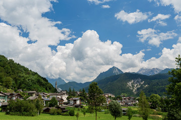 Mezzano Imerm, Pale di San Martino village with Dolomite peaks in Val di Primiero Noana of Trentino Alto-Adige, Italy in sunrise