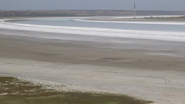 Salt in the upper Kuyalnik estuary, dry mud, cracked silt and salt tolerant plants on the shore. Kuyalnik Estuary, Ukraine