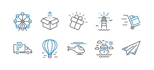 Set of Transportation icons, such as Helicopter, Truck parking, Gift, Send box, Push cart, Ship travel, Lighthouse, Ferris wheel, Air balloon, Paper plane line icons. Copter, Free park. Vector