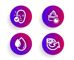 Health skin, Oil drop and Sun cream icons simple set. Halftone dots button. 24 hours sign. Clean face, Serum, Face lotion. Repeat. Beauty set. Classic flat health skin icon. Vector