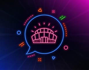 Sports stadium line icon. Neon laser lights. Arena sign. Sport complex symbol. Glow laser speech bubble. Neon lights chat bubble. Banner badge with sports stadium icon. Vector