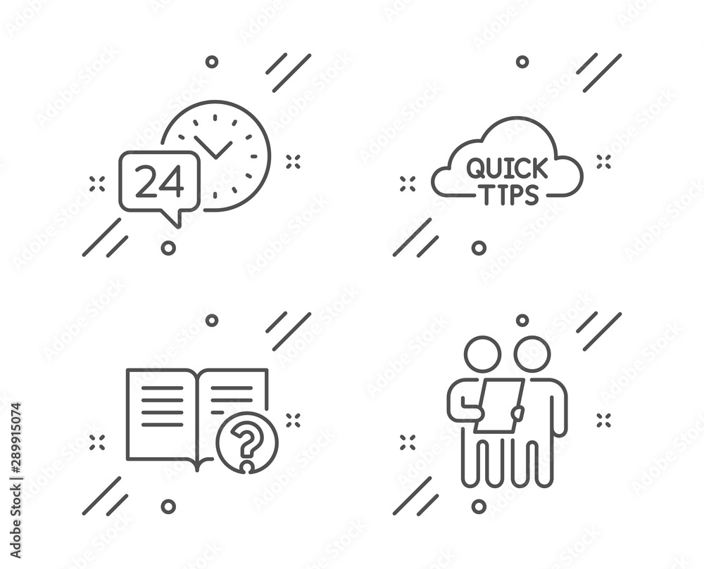 Poster help, 24h service and quick tips line icons set. survey sign. documentation, call support, helpful t