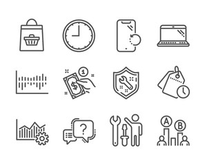 Set of Business icons, such as Operational excellence, Laptop, Question mark, Smartphone recovery, Time management, Repairman, Time, Column diagram, Online buying, Spanner, Payment method. Vector