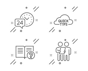 Help, 24h service and Quick tips line icons set. Survey sign. Documentation, Call support, Helpful tricks. Contract. Technology set. Line help outline icon. Vector