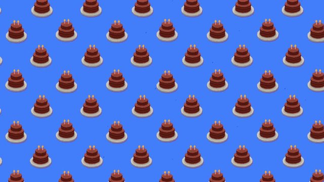 A cute emoji animation: a repeated pattern of a chocolate birthday cake with two lit candles, moving to the upper left angle, over a blue background.