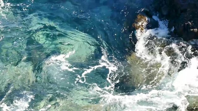 A view from top showing crystal clear water moving in circular motion and waves crashing after hitting the rocks on the shore of  Tenerife,Canary islands,Spain