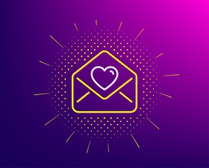 Love letter line icon. Halftone pattern. Heart mail sign. Valentine day symbol. Gradient background. Love letter line icon. Yellow halftone pattern. Vector