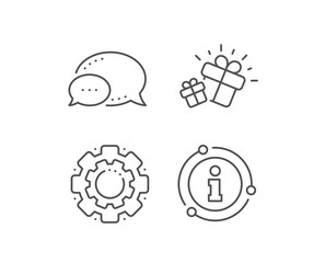 Gifts line icon. Chat bubble, info sign elements. Present box sign. Brand marketing symbol. Linear gift outline icon. Information bubble. Vector