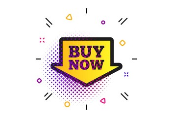 Buy now sign icon. Halftone dots pattern. Online buying arrow button. Classic flat buying icon. Vector