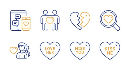 Social media, Miss you and Friends couple line icons set. Break up, Love her and Search love signs. Kiss me symbol. Mobile devices, Friendship. Love set. Line social media icon. Vector