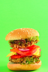burger (roll, cutlets, cheese, lettuce, tomato, onion, sauce and more) menu concept. food background. copy space. Top view