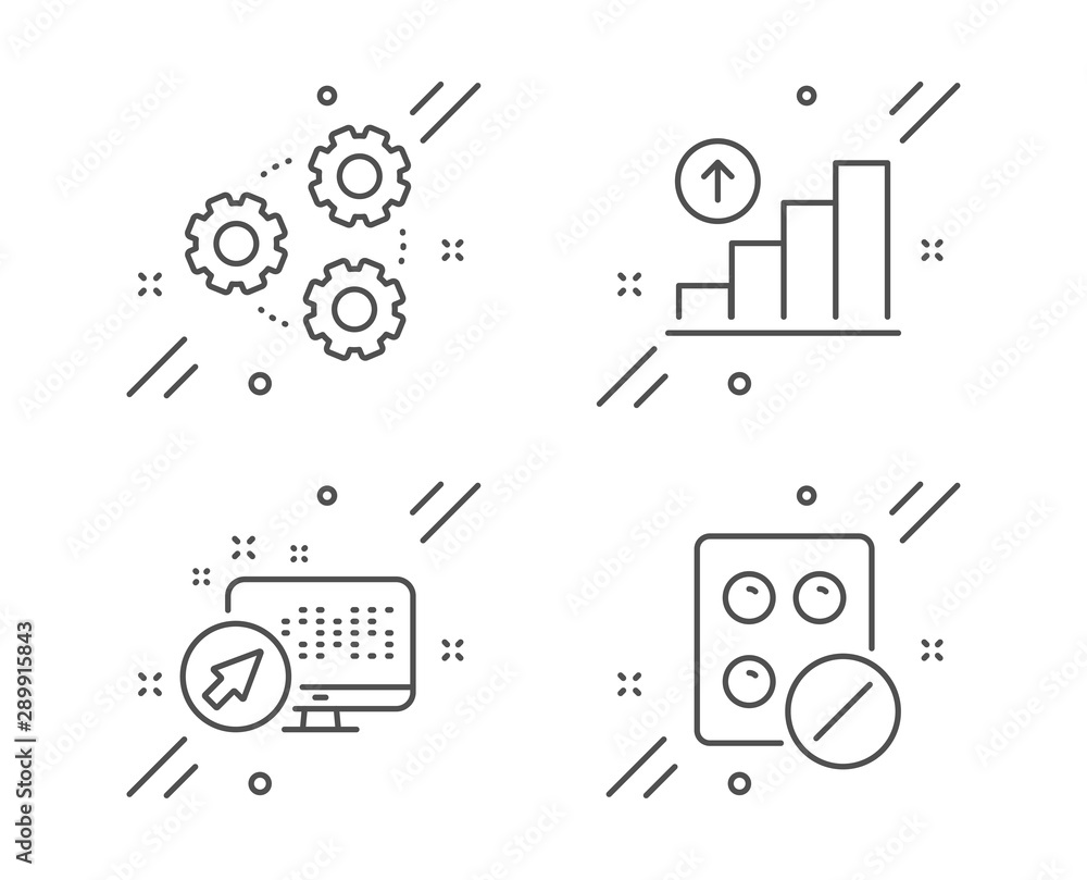 Poster graph chart, gears and web system line icons set. medical tablet sign. growth report, work process, 