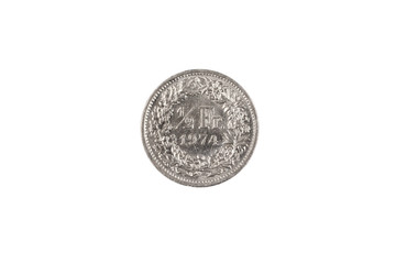 A close up image of a Swiss half Franc coin isolated on a white background, shot in macro