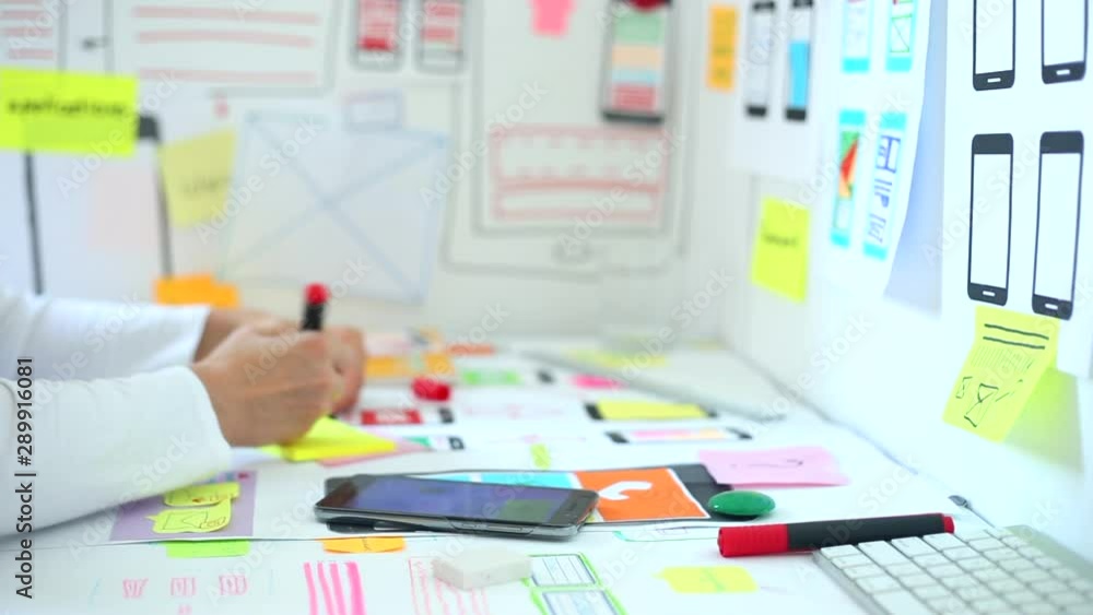 Poster Web designer is developing an application for mobile phones. Creating a layout of the user interface functions of smartphones.  