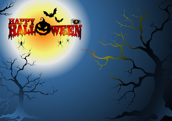 Signature happy Halloween on  blue background with red lettering, spiders, pumpkin, spiders, bats and gloomy trees