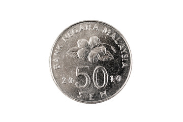 A close up, macro shot of a silver fifty sen coin from Malaysia isolated on a clean, white background © Vitoria Holdings LLC