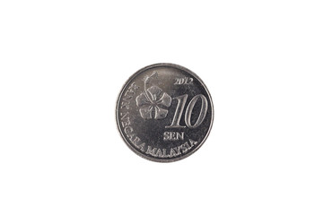 A close up, macro shot of a silver ten sen coin from Malaysia isolated on a clean, white background © Vitoria Holdings LLC