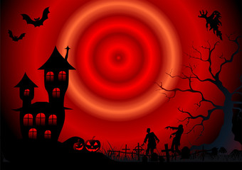 Red  color illustration for Halloween with creepy zombies, house, pumpkins and bats