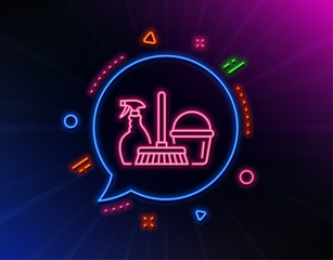 Cleaning service line icon. Neon laser lights. Spray, bucket and mop symbol. Housekeeping equipment sign. Glow laser speech bubble. Neon lights chat bubble. Vector