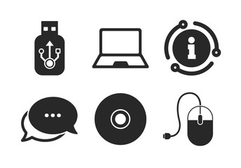 Computer mouse and CD or DVD sign symbols. Chat, info sign. Notebook pc and Usb flash drive stick icons. Classic style speech bubble icon. Vector