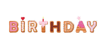 Birthday cartoon inscription. Sweet cake hand drawn letters. Girly. Isolated on white. Vector