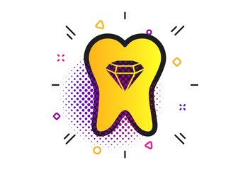 Tooth crystal icon. Halftone dots pattern. Tooth jewellery sign. Dental prestige symbol. Classic flat tooth icon. Vector
