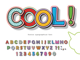 Comic font design. Funny pop art letters and numbers. Vector