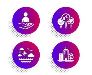 Travel sea, Like and Recruitment icons simple set. Halftone dots button. Skyscraper buildings sign. Summer holidays, Social media likes, Hr. Town architecture. Business set. Vector